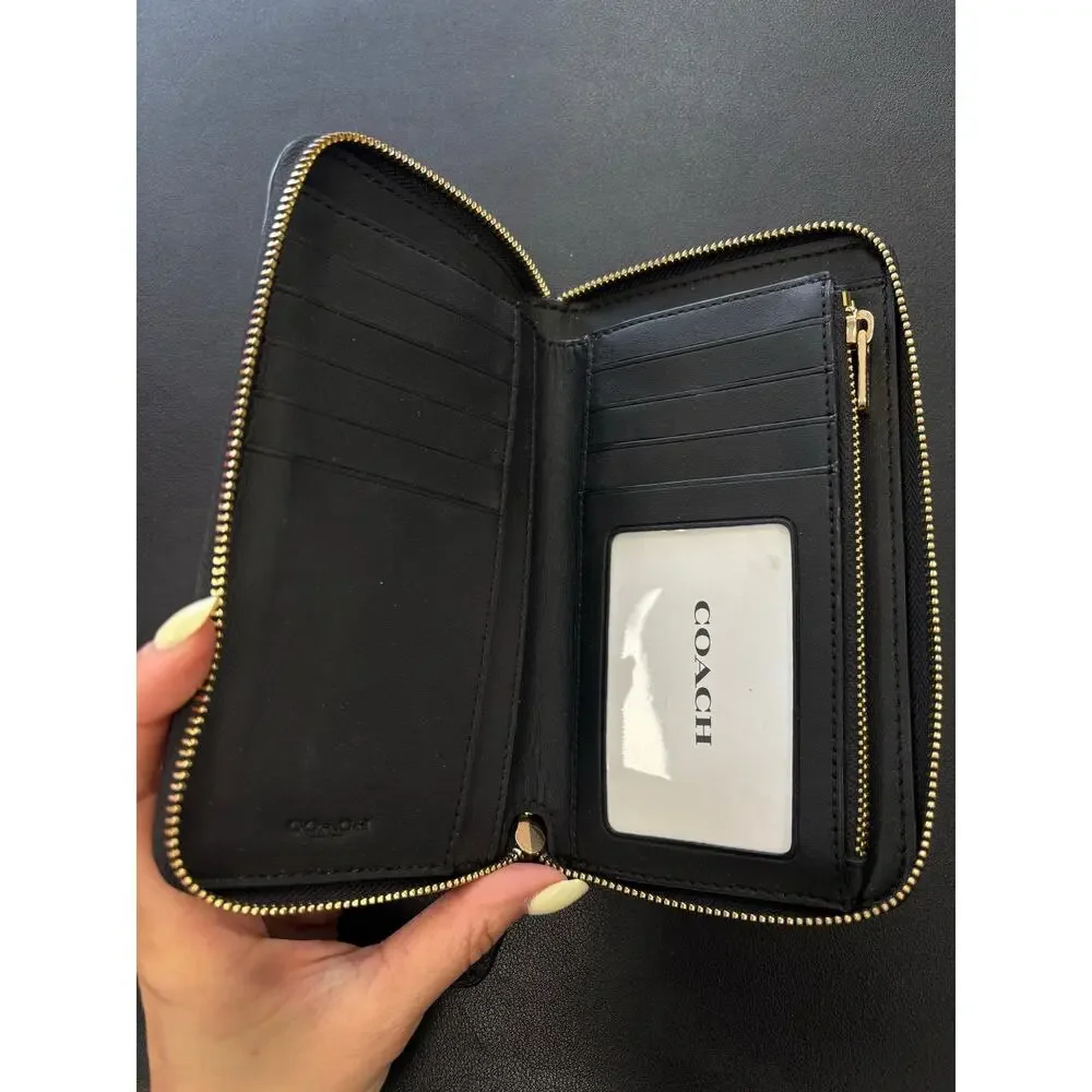NWT Coach Pebble Leather Medium Zip Around Wallet Black Gold C4124 IMBLK - Picture 3 of 4